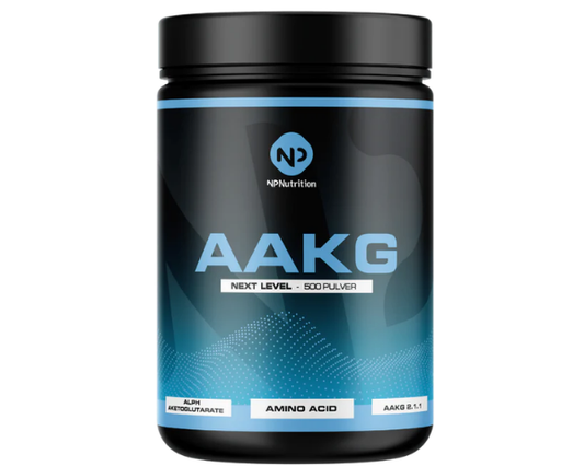 NPNutrition AAKG Powder featuring Arginine Alpha-Ketoglutarate in a 500g container.