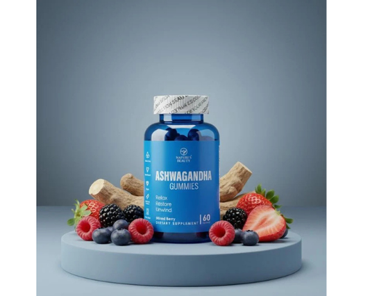 Nature's Beauty Ashwagandha gummies in a delicious mixed berry flavor with 60 gummies.