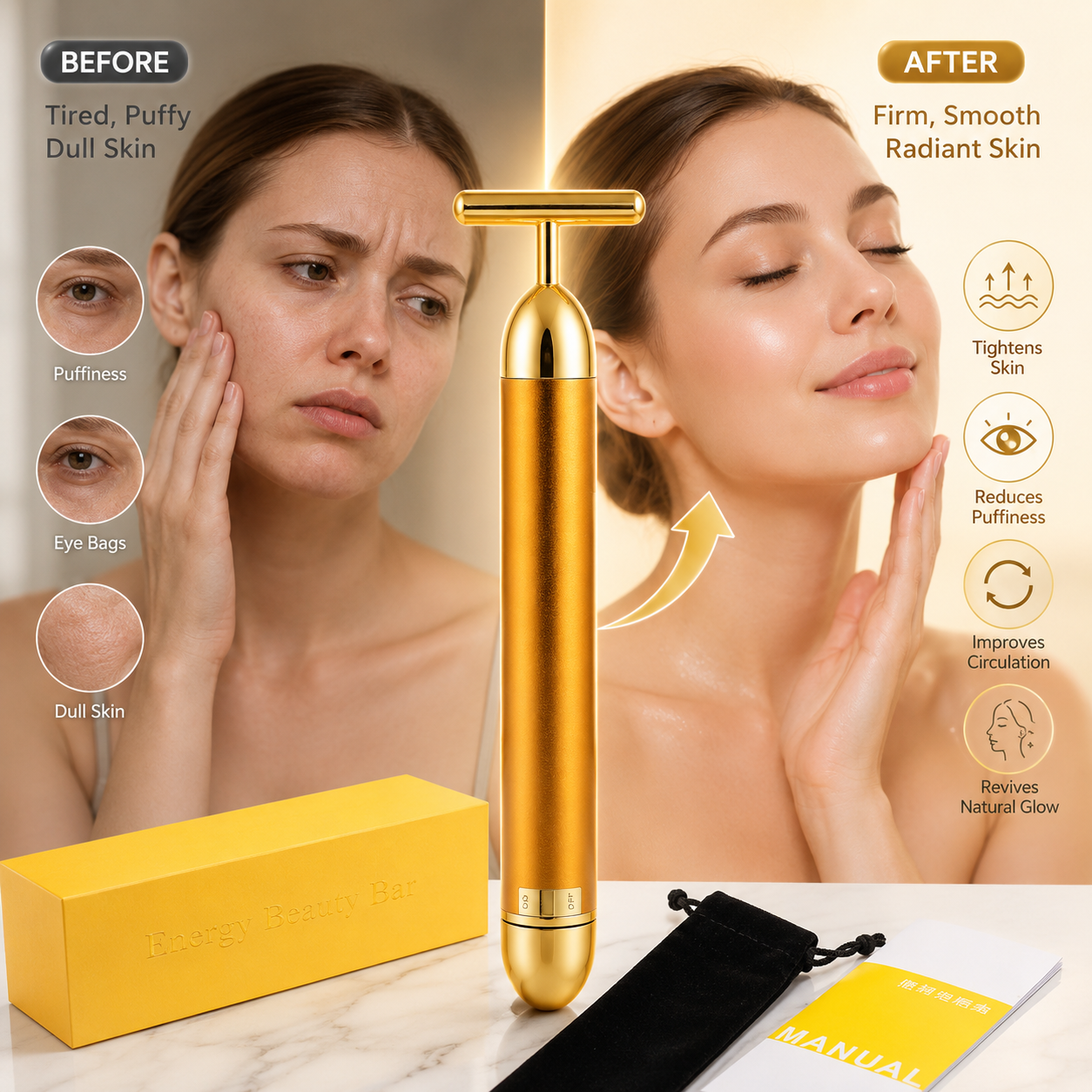 24K Gold T-Bar Energy Beauty Massager - Vibrating Beauty Tools for Face & Neck