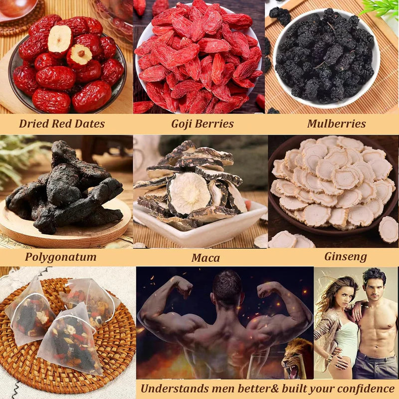Ginseng Five Treasure Herbal Tea ā Natural Wellness Tea with Ginseng, Maca, Red Dates, Wolfberries & Mulberries | Individually Wrapped Tea Bag