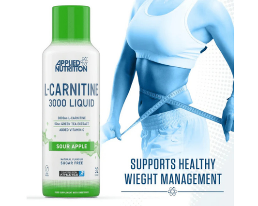 Applied Nutrition L-Carnitine 3000 liquid supplement with Sour Apple flavor in a 480ml bottle.