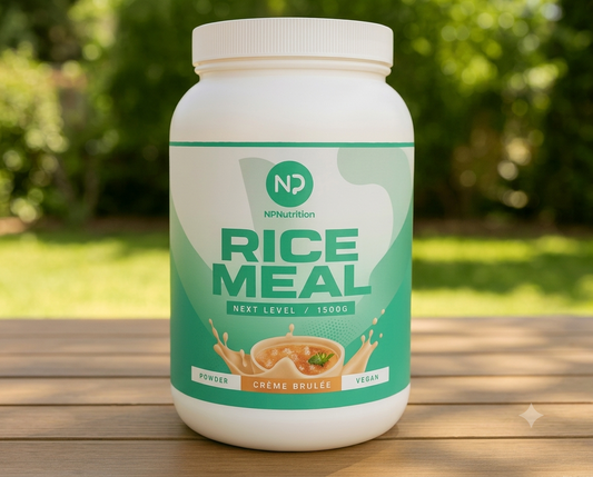 NP Nutrition Rice Meal Creme Brulee vegan meal replacement powder in a 1500g pack.