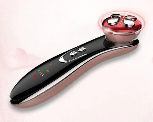 Rechargeable RF EMS facial massager with LED light for home beauty care.