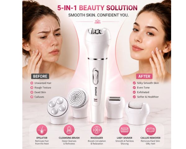 Kemei KM-2199 5-in-1 Beauty Tools Kit | Facial Cleanser & Epilator Sets