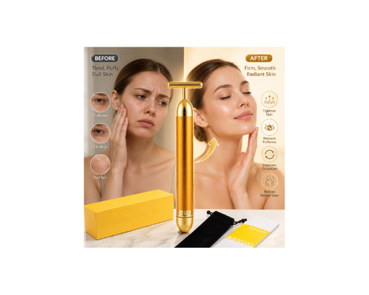 24K Gold Energy Beauty Bar facial massager with a T-shaped design for daily facial massage.