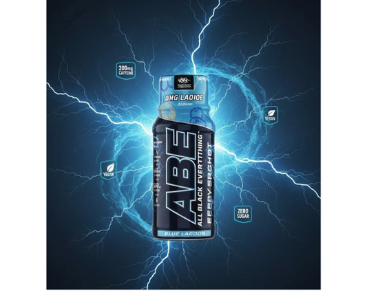 Applied Nutrition ABE Blue Lagoon energy shot for convenient pre-workout support.