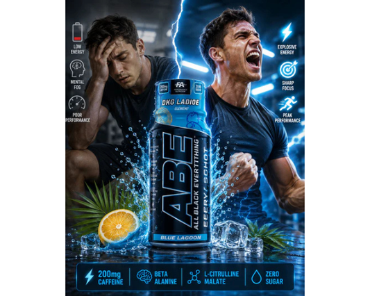 Applied Nutrition ABE Energy Shot Blue Lagoon with 12 ready-to-drink pre-workout shots.