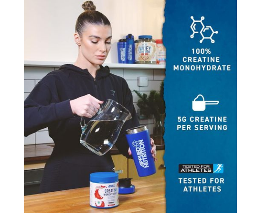 Applied Nutrition Creatine Monohydrate Powder 250g with 50 servings for daily sports nutrition.