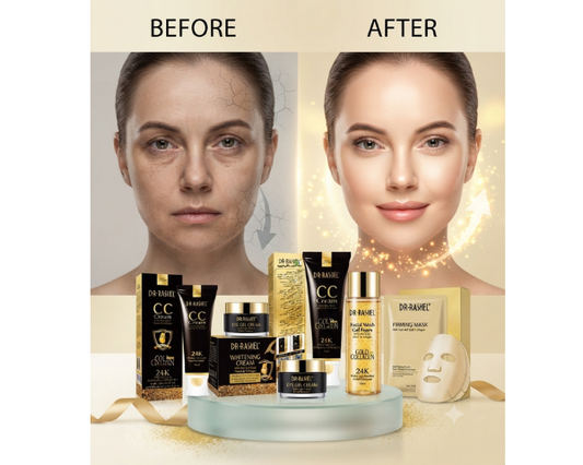 Dr Rashel 24K Gold Collagen complete skin care collection featuring all variants including firming mask, toner, cleanser, serum, gel cream, whitening cream, eye cream, CC cream, and facial wash gel.