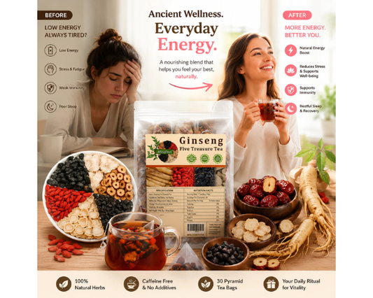 Ginseng Five Treasure Herbal Tea with convenient tea bags for everyday wellness.