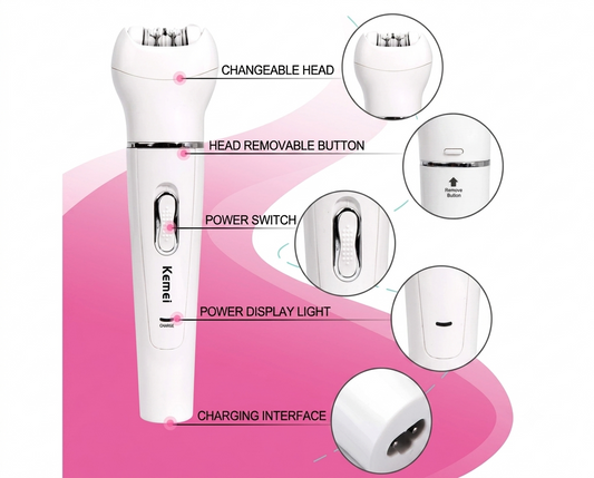 Kemei KM-2199 beauty kit featuring cleansing, epilator, and grooming attachments.