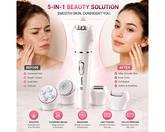 Kemei KM-2199 5-in-1 beauty tools kit with facial cleansing brush, epilator, and lady shaver.