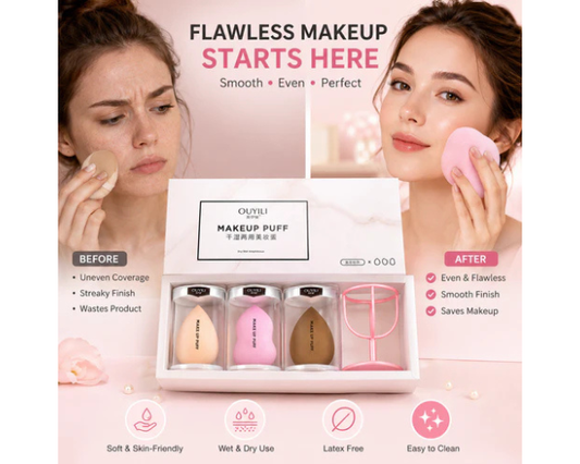 Makeup sponge and powder puff set for smooth foundation, concealer, and powder application.