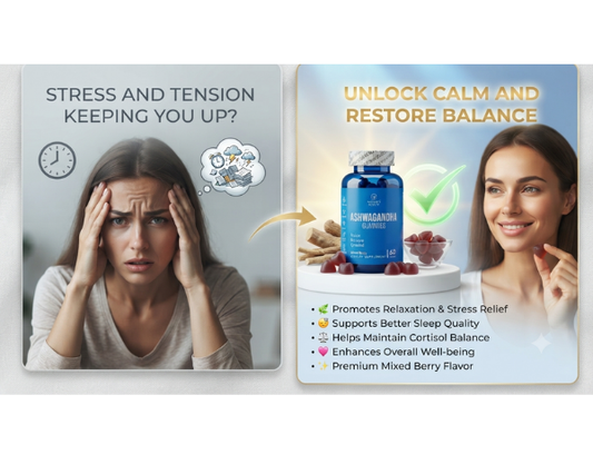 Nature's Beauty Ashwagandha Gummies with mixed berry flavor and 60 gummies for daily wellness.
