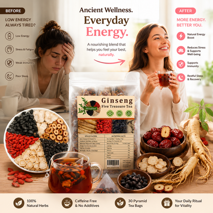 Ginseng Five Treasure Herbal Tea – Natural Wellness Tea with Ginseng, Maca, Red Dates, Wolfberries & Mulberries | Individually Wrapped Tea Bag
