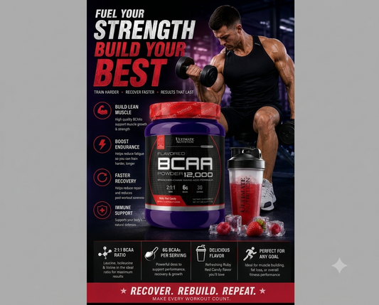 Ultimate Nutrition BCAA 12,000 Powder in Ruby Red Candy flavor with 30 servings.