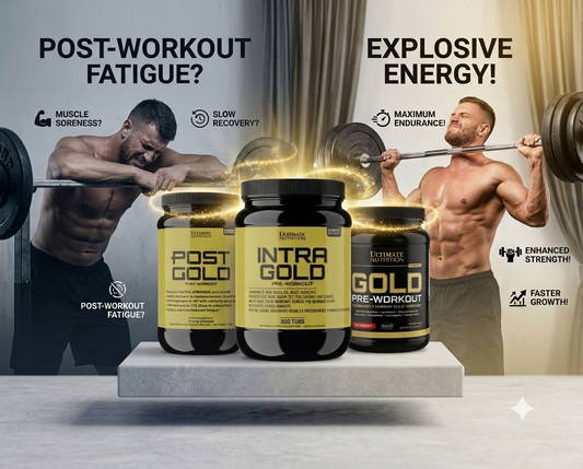 Ultimate Nutrition GOLD Series featuring PRE, INTRA, and POST GOLD sports nutrition supplements.
